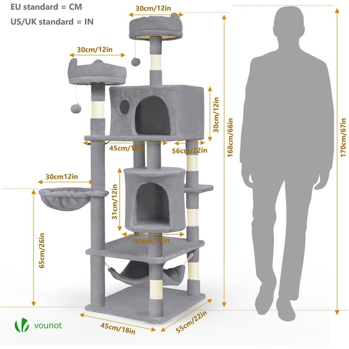 Котячий будиночок Vounot Kratzbaum Kein: стійкий котячий будиночок з платформами, 88 см (сірий, XXL)