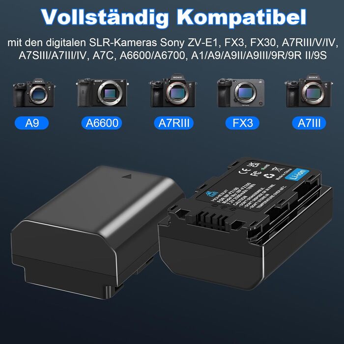 Акумулятор NP-FZ100 Homesuit 2280mAh та подвійний зарядний пристрій для камер Sony ZV-E1, FX3, FX30, A7RIII, A7RV, A7RIV, A7SIII, A7III, A7IV, A7C, A7CII, A6600, A6700, Alpha A1, A9, A9II, A9III, 9R, A9R, 9S (2 шт.)
