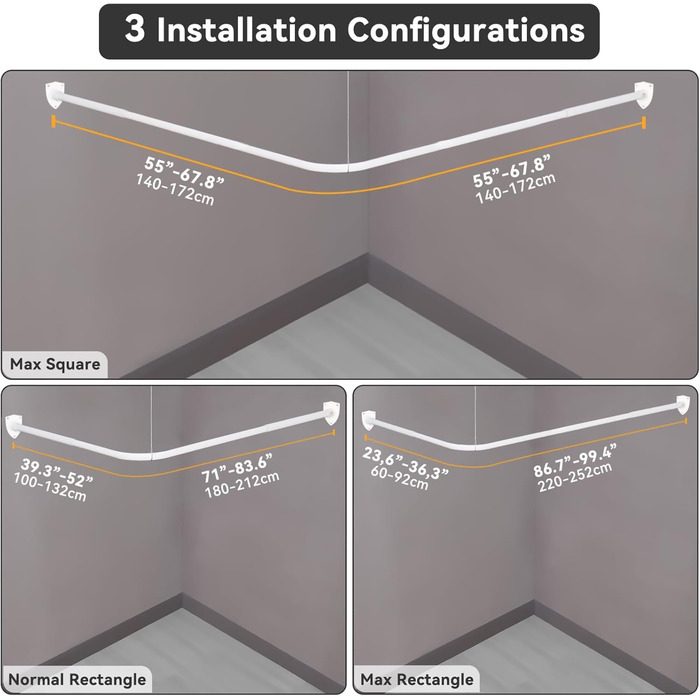 Штанга для душу L-подібної форми, регульована, з кріпленням для гардини та підпоркою для ванни/ванної кімнати, біла, 100-175см x 140-214см, потрібне свердління