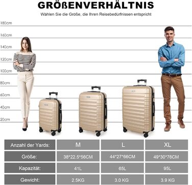 Великий валіза з ABS пластику, Trolley, валіза для подорожей з 4 колесами (360°), кодовий замок (3 цифри) та телескопічний ручка з алюмінію (XL – 95L), Колір: шампань