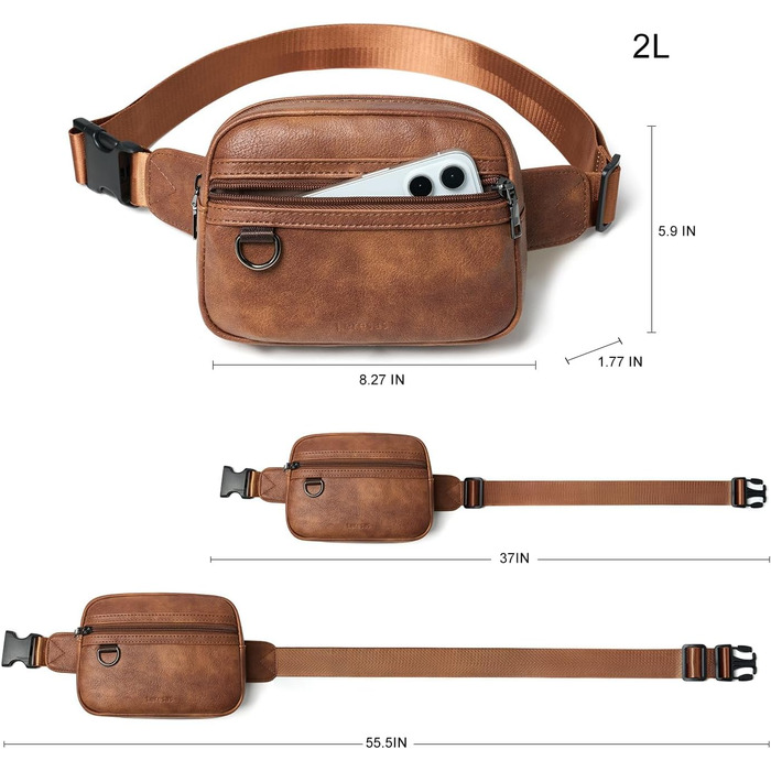 Жіноча та чоловіча поясна сумка, 2 л, веганська шкіра, коричнева, 8 дюймів, для подорожей, хайкінгу, бігу