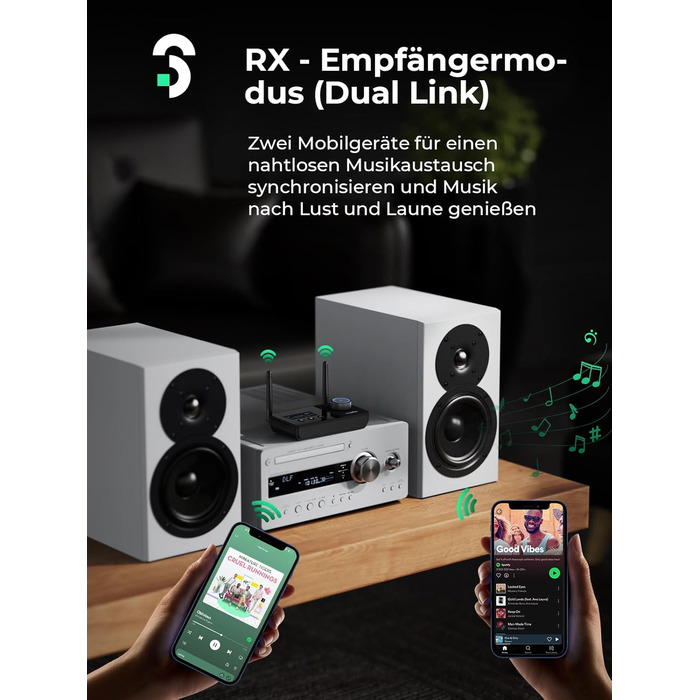 SOOMFON Bluetooth 5.3 Передавач-Приймач для 2 навушників, 3-в-1 Аудіоадаптер з подвійною антеною, Bluetooth Передавач-Приймач для ТВ/Стереосистеми, з регулюванням гучності, Aux/Cinch/Оптичний