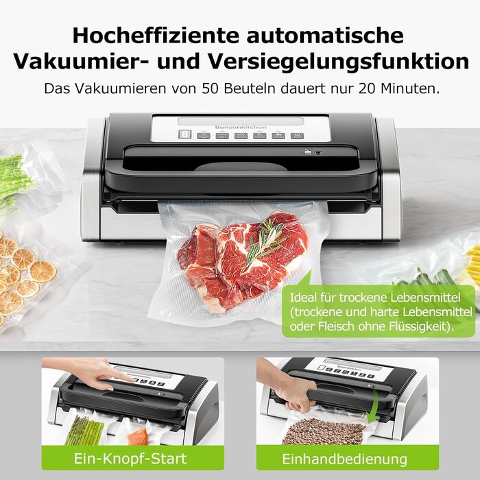 Вакуумний пакувальник Bonsenkitchen 15л/хв, з ручкою та вбудованим ножем, комплект з 2 рулонами, сертифікат екологічності