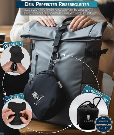 Подушка для шиї SNUGL з Memory Foam, регульована та миюча | Зручна подушка для подорожей на літаку, в авто та в дорогу | Подушка-шиїчкі SNUGL (Чорний, для дорослих)