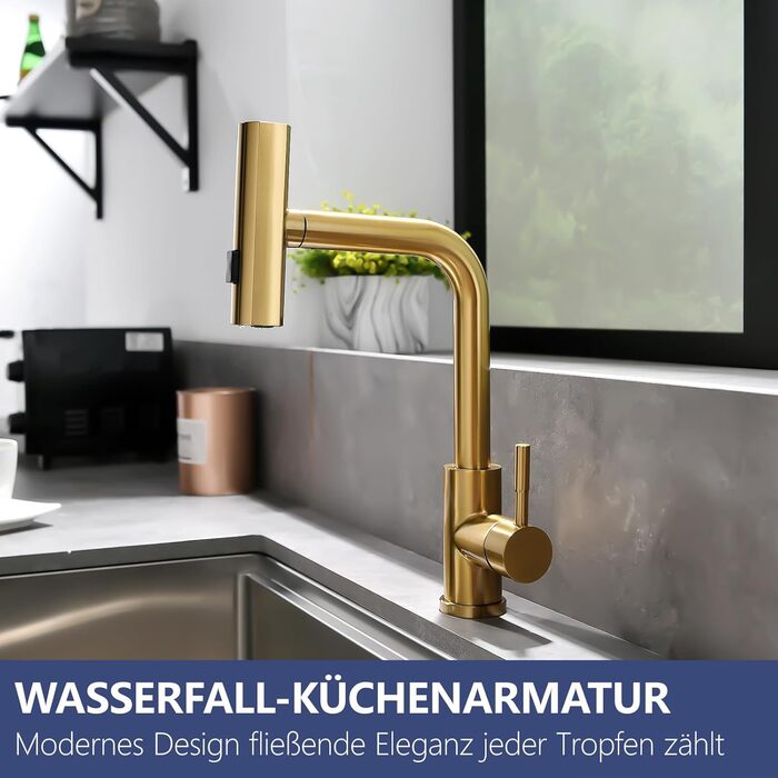 Кухонний змішувач AIMADI висувний, чорний, з 3-х режимною лійкою та 38 см шлангом, однорідний, для холодної та гарячої води, підходить для раковини та кухонного острова. Змішувач для кухні з водоспадом, чорний.