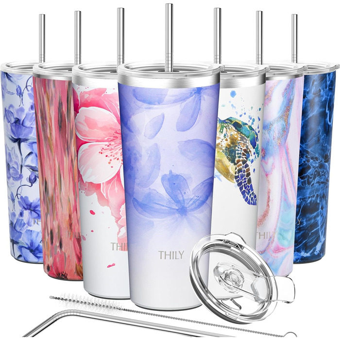 Термос-чашка THILY 780 мл з подвійними стінками, 2 шт. (Золотий мармур + Синій мармур)