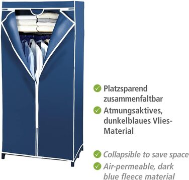 WENKO Air Wardrobe, practical fabric wardrobe for dust-free storage of textiles, stable metal frame, easy assembly, breathable non-woven material, 75 x 150 x 50 cm, Navy (with shelf)