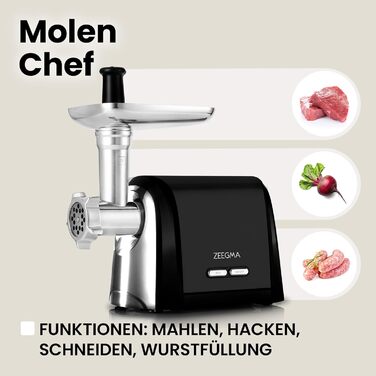 ZEEGMA Electric Meat Grinder - 1900W, Stainless Steel Plates, 3kg/min, Sausage Maker, Kubbe, Chopping, Dicing, REV Function, Accessory Kit