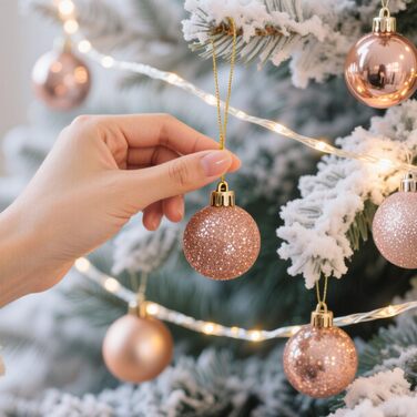 Набір прикрас на ялинку 101 шт. Пластикові кулі, рожеве золото, матові, блискучі, з шишками та стрічками для декору ялинки, святкування, дому