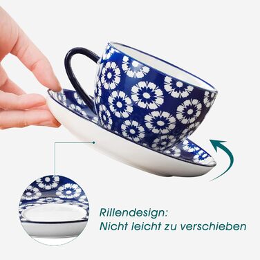 Набір кавових чашок капучіно Vancasso Selene 6 шт., 240 мл, блакитно-білий вінтажний дизайн, високоякісне фарфорове покриття, придатні для миття в посудомийній машині та використання в мікрохвильовій печі