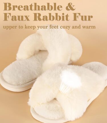 Тапочки жіночі Ankis з плюшу, теплі зимові, з перехресними ремінцями, з піною з пам'яті, відкриті пальці, жіночі пухнасті тапочки для дому та вулиці (білий, чорний, сірий, рожевий, верблюжий) 36/37 EU Білий
