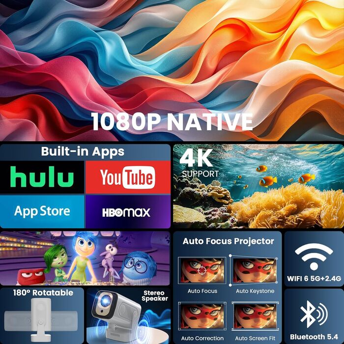 Портативний проєктор Beamer 4K з підтримкою WiFi 6 та Bluetooth 5.4, автофокусом, інтегрованими додатками (2026 модель) - сумісний з HDMI, TV Stick, Memory Stick, Laptop