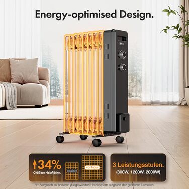 Масляний радіатор VonHaus 2000W з 9 ребрами, електричний, портативний, з термостатом, 3 режими нагріву, 4 колеса, 1.5м кабель (білий/чорний)