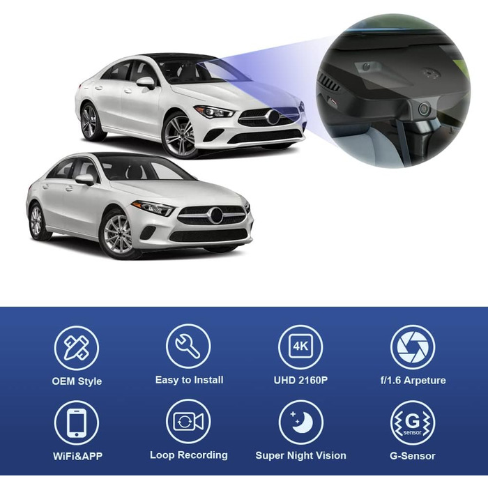 Відеореєстратор Fitcamx 4K для Mercedes-Benz A-Class (W176, W177) та CLA (C117, C118) 2012-2023, 2160P UHD WiFi, Plug&Play, 64GB карта