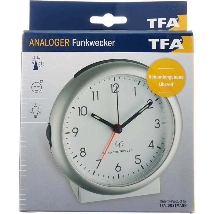 TFA Dostmann Analog Radio Alarm Clock, 98.1036, with Alarm, including Radio Clock, Silver, L 109 x W 50 x H 112 mm
