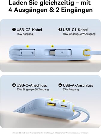 Power Bank Baseus QPow3 20000mAh 45W з 3 USB-C та 1 USB-A, PD3.0, QC4.0, LED дисплей, 2 кабелі USB-C, для iPhone, iPad, Galaxy (Блакитний)