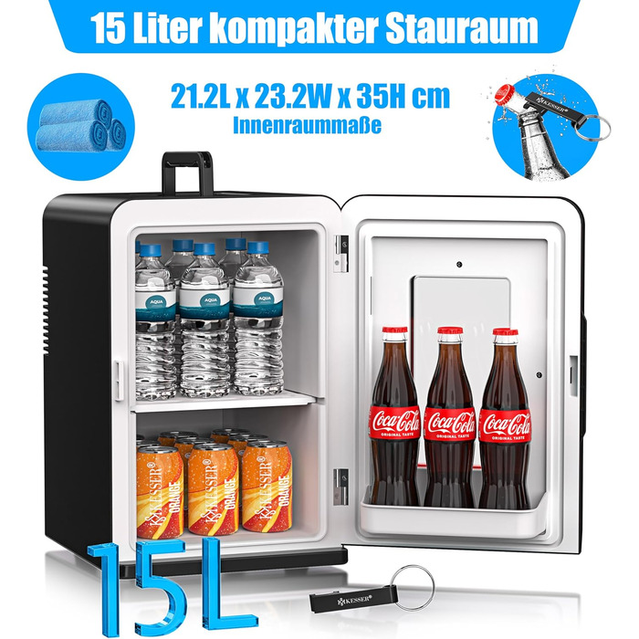 KESSER® Міні холодильник/термобокс 15L: охолодження та підігрів, портативний, 220-240V/12V, для авто, офісу, кемпінгу, чорний