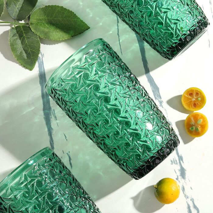 Joeyan 380ml Green Drinking Glasses with Embossed Design, Water Glasses Dishwasher Safe, Long Drink Glasses Set of 4