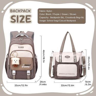 Шкільний рюкзак для дівчаток (3-7 клас), 36L з сумкою через плече, стильний рюкзак-рюкзак для підлітків (колір: коричневий)