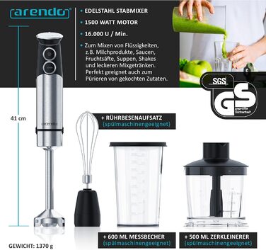 Блендер заглибний Arendo Stabmixer Edelstahl 1500 Вт - набір для приготування супів, смузі та соусів. Регулювання швидкості, турбо-режим, 800 мл мірний стакан, насадка-міксер.