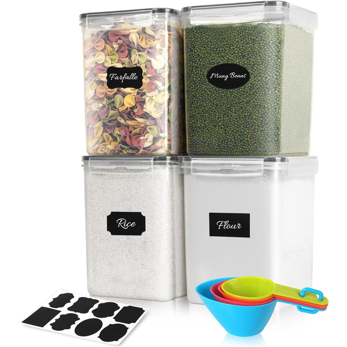 Набір контейнерів для зберігання Withosent 24 шт. з герметичними кришками, 2л, 1.6л, 0.8л, для кухні, борошна, мюслі, кукурудзяних пластівців, з етикетками та ложками