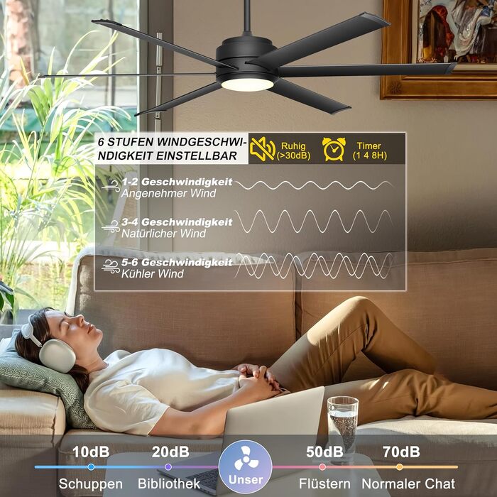 Deckenventilator Ohniyou з підсвіткою, пультом та додатком, 152.4 см (60 дюймів), регульована яскравість, DC-двигун, великий вентилятор для тераси, вітальні, чорний