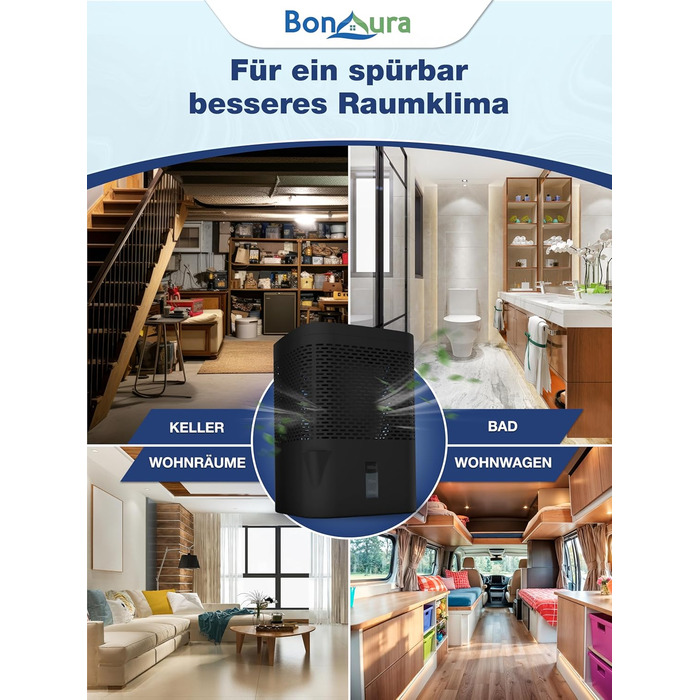 BonAura® Безструменевий осушувач повітря до 23 м² | 360° вентиляція | Осушувач для дому з виливом та 5 x 680 г гранул | Захист від плісняви та неприємних запахів | Осушувач повітря для квартири (Airone Black + 5 X гранул)