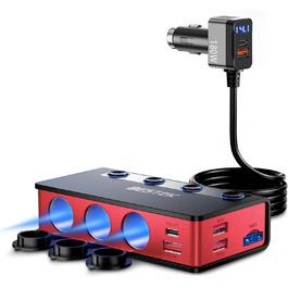 Автомобільний розгалужувач прикурювача 9-в-1 BESTEK 180W з USB-C, 4 портами QC3.0, PD 65W, LED підсвіткою, чорний/червоний для зарядки гаджетів (DashCam, iPad, GPS)