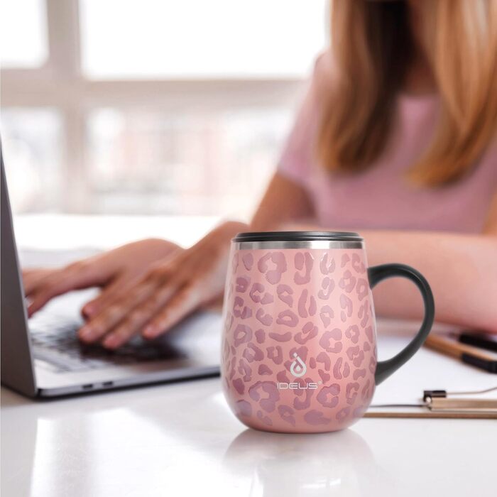 Термокружка Ideus 470 мл з нержавіючої сталі, подвійні стінки, ізоляція, з кришкою-ковпачком, протиковзкий наклад, зелений/рожевий (Leopard Rosa)