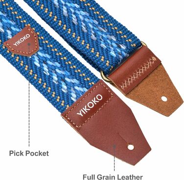 Гітарний ремінь 5,1 см з бавовни з шкіряними кінцями для бас-гітари, електрогітари та акустичної гітари, синій