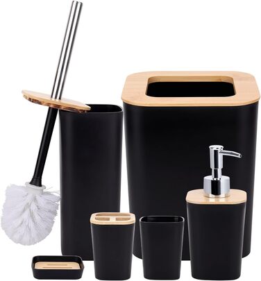 Bathroom Accessories Set - 6Pcs Bathroom Accessories Set made of Bamboo, Lotion Bottles, Toothbrush Holder, Tooth Cup, Soap Dish, Toilet Brush, Waste Bin