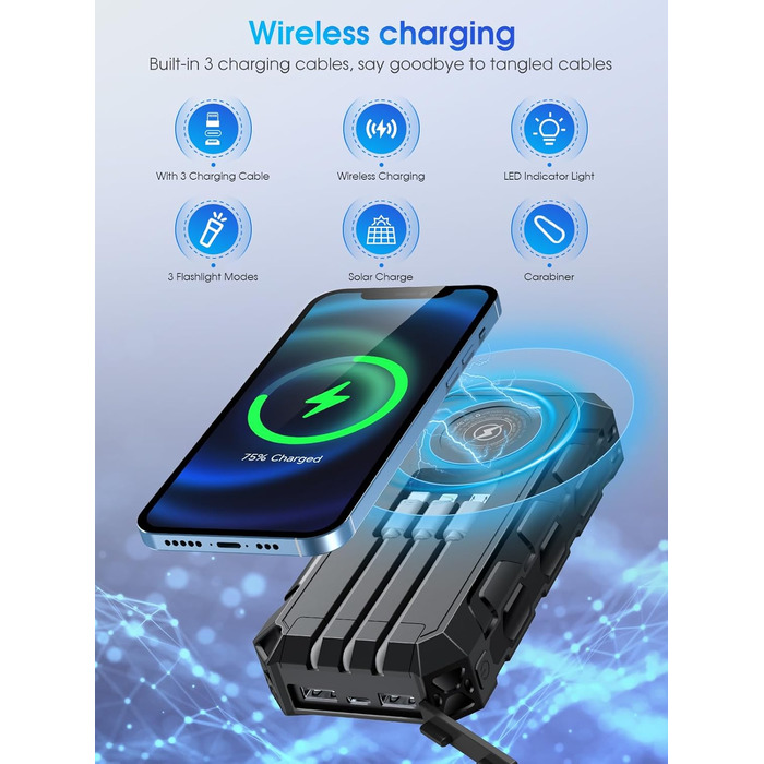 Портативний акумулятор 52800mAh з сонячною панеллю, 30W, з LED-ліхтариком та 7 виходами, чорний