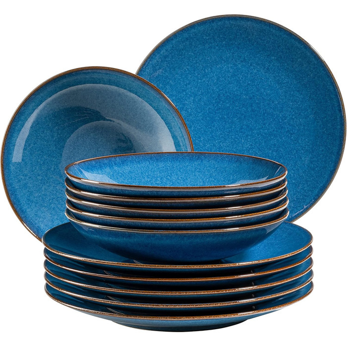 MÄSER 931946 Ossia Dinnerware Set for 6 People in Mediterranean Vintage Style, 12-Piece Modern Tableware Set with Soup Bowls and Dinner Plates, Royal Blue, Stoneware