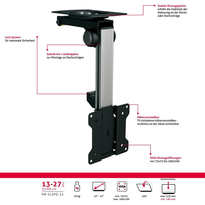 Кріплення для телевізора PureMounts PM-SLOPE-23 для дахів, нахильний, регульована висота, VESA до 100x100, до 20 кг