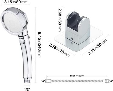 KAIYING Drill-Free High-Pressure Hand Shower with ON/OFF Pause Switch, 3 Spray Modes, Water-Saving Shower Head, Detachable Puppy Shower Accessory (M: Shower Head (Chrome) + Holder + Hose)