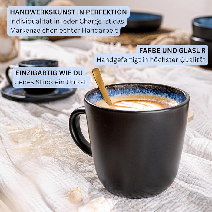 SÄNGER Aruba: Комплект посуду 30 предметів для 6 осіб | Керамічний посуд, миючий посуд, посуд для мікрохвильової печі, синій з чорним обідком