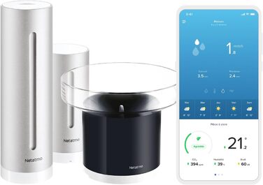 Netatmo Pack with indoor and outdoor weather station, wireless outdoor sensor, and intelligent rain gauge, humidity, air quality, indoor noise level, air pressure, NBU-NWS-NRG-EU Weather Station + Rain Gauge