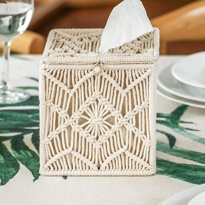 XIAOJUN Tissue Box, Blanket, Boho, Square, Paper, with Pearl Clasp, Macrame, Napkins, Tissues, Organizer for Home