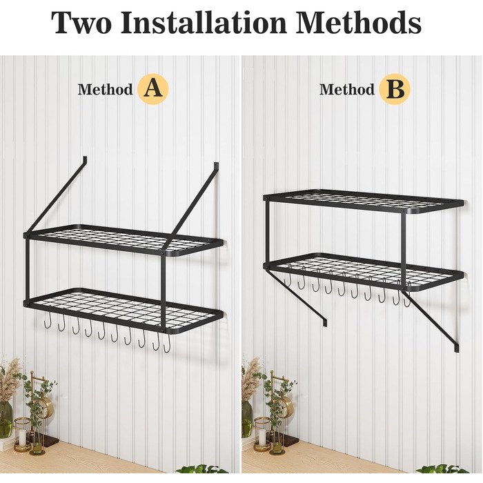 Warmiehomy Kitchen Wall Pot Rack, Wall Shelf Kitchen with 10 Hooks, 2-Layer Pot Pan Organizer, Hanging Spice Rack, Wall Mounted Kitchen Utensil Holder Kitchen Shelf (74.9x34.8x58.9 cm)