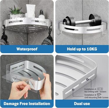 GRICOL Shower Caddy Corner Shelf Shower Shelf No Drilling Metal with 4 Hooks Shower Storage Bathroom Shelf with Adhesive Bathroom Shelf for Bathroom and Kitchen 2 Tiers Silver