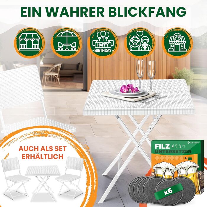 КЕССЕР® Балконний столик розкладний | Стійкий до погодних умов/УФ-стійкий | Балконні меблі з покриттям зі сталі та ротангу | Садовий стіл для вулиці | Меблі для саду з 6 фетровими підставками | Бістро-стіл витримує до 100 кг | Ротанг, білий