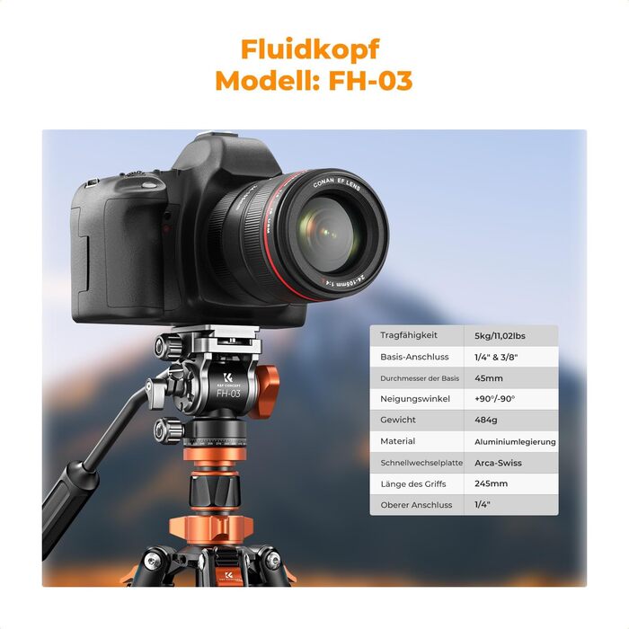 Штатив K&F Concept T254A7+BH-28L для камери: професійний, 230см, з рідинною головкою