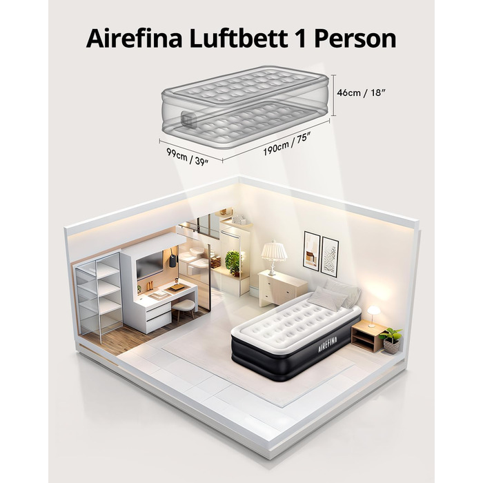 Надувне ліжко Airefina для 1 особи з вбудованим насосом, 99x190x46 см, до 295 кг, з сумкою для перенесення