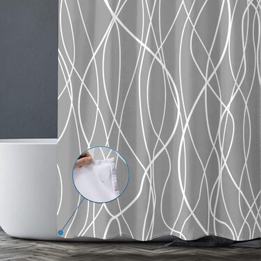 Шторка для душу M&W Design з поліестеру, з лініями, антигрибкова, водовідштовхувальна, з 12 C-кільцями, з обтяженим краєм, мінімалістичний дизайн, стійка до вицвітання, 180x200 см, білий (H200 x B180 см, упаковка 1 шт.), сірий