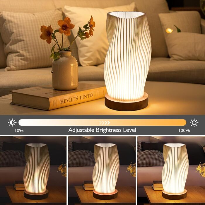 Нічна лампа Focenat з дерев'яним цоколем, 9-рівнів регулювання яскравості, мінімалістична лампа з абажуром з PLA, невелика лампа з кабелем, для спальні, вітальні