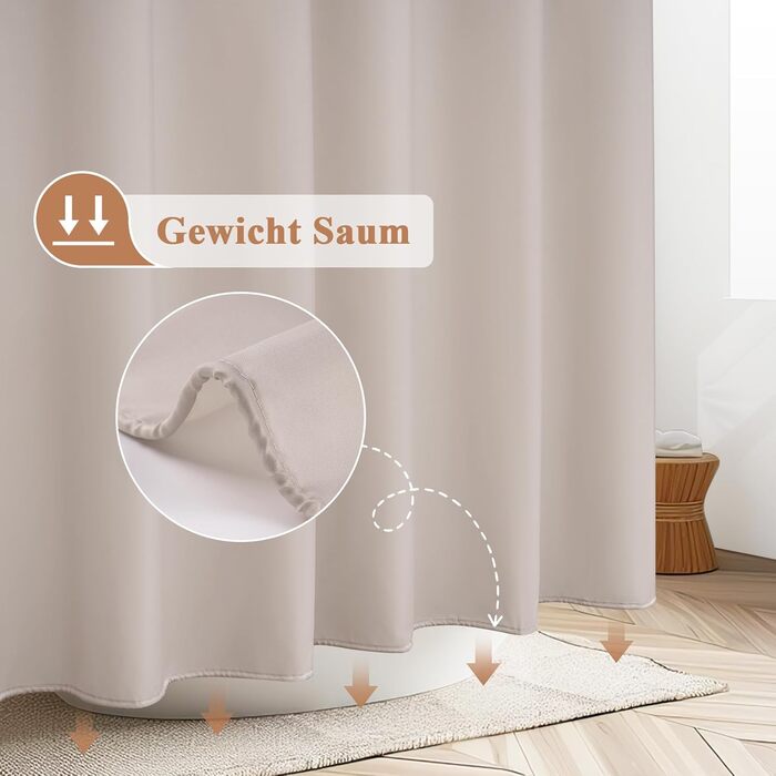 Штора для душу EurCross 180x200 см, текстильна, водонепроникна, бежева. З антигрибковим покриттям, машинне прання, з 12 кільцями