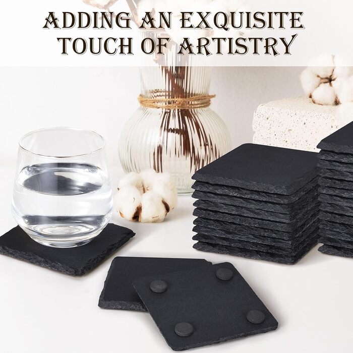 Set of Slate Coasters, GOH DODD 4 Inch Black Stone Coasters Set, Laser Engraved Blank Coasters with Anti-Scratch Bottom for Home, Office, Kitchen, Apartment, Bar, Square (72)