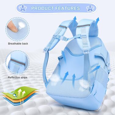 KEBEIXUAN Шкільний рюкзак для дівчаток | Милий рюкзак для початкової школи (1-5 класи) | Дихаючий, водовідштовхуючий рюкзак для дівчаток + ізольована сумка для обіду + пенал, блакитний