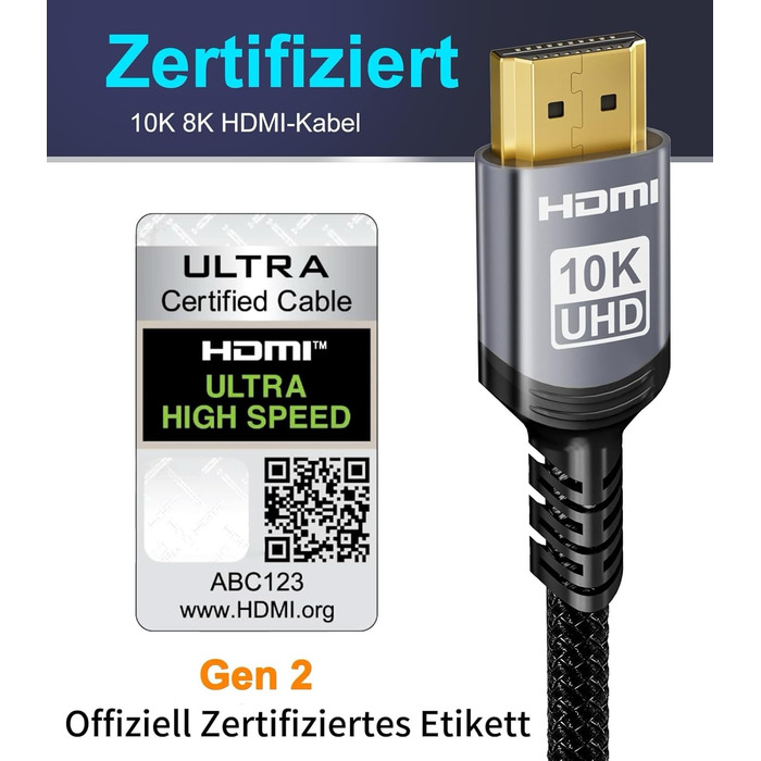 HDMI 2.1 кабель Snokco 10K 8K 3 метри, сертифікований, 48Gbps, Ultra High Speed, 4K 240Hz, 8K 60Hz, eARC, HDCP 2.3, DTS:X, HDR10+, для TV, монітора, проектора, Roku, PS5, X-box