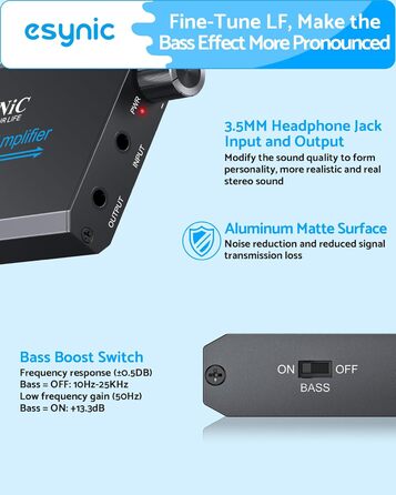 eSynic Професійний підсилювач навушників з підсиленням басів, 16-300 Ом, портативний, 3.5mm, для MP3, MP4, телефонів, комп'ютерів